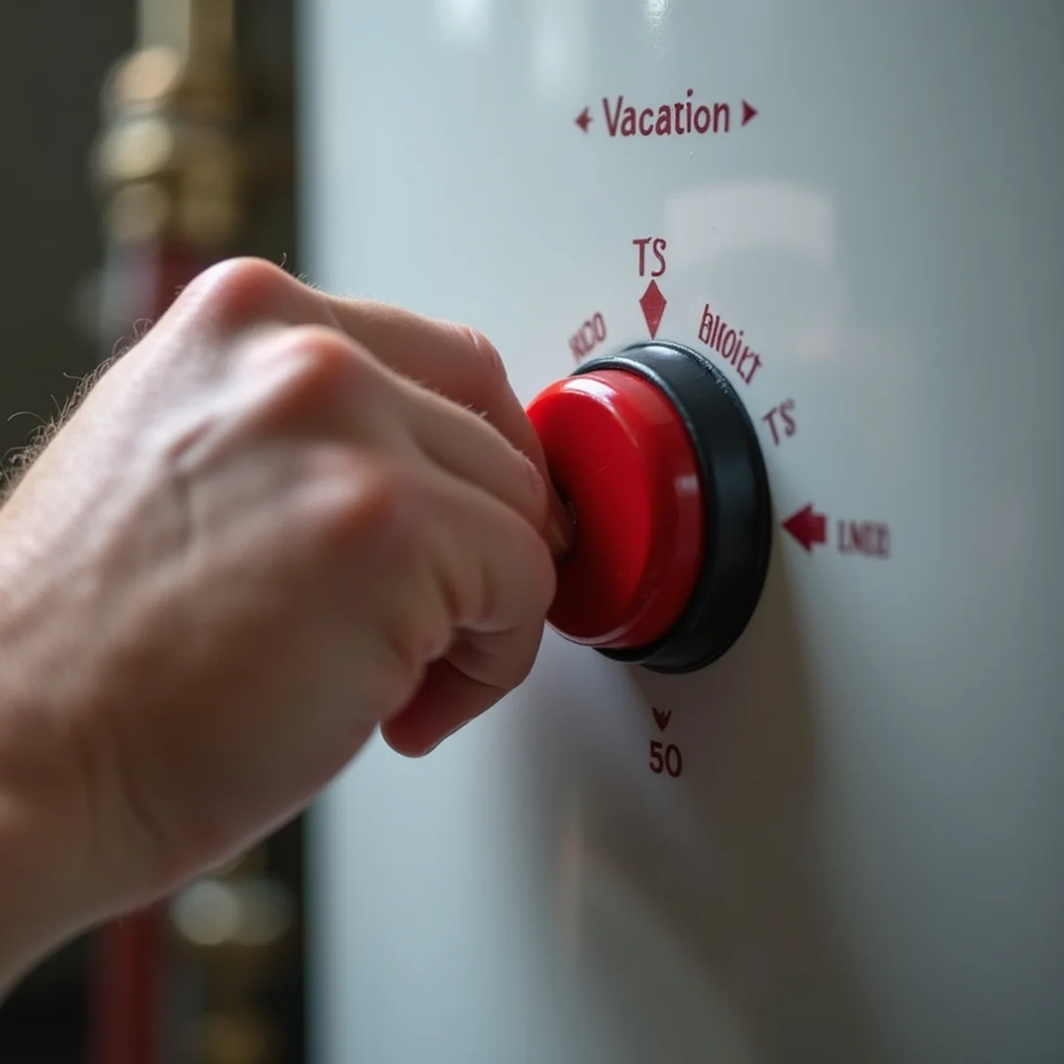 Water heater gas control valve set to vacation mode for emergency preparation