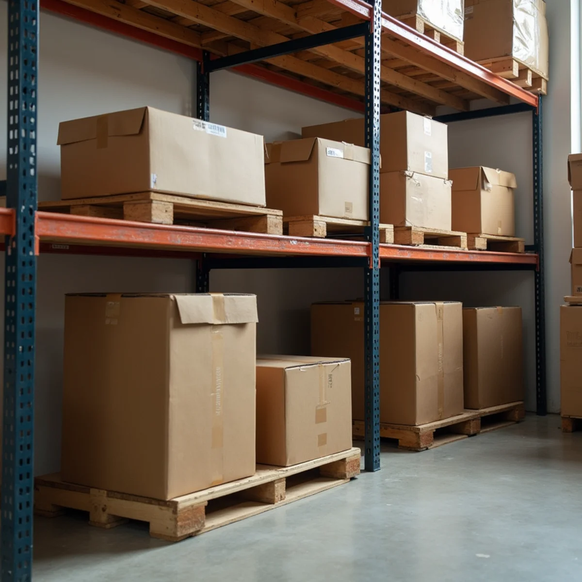 Basement storage items elevated on plastic shelving to protect from drain backups