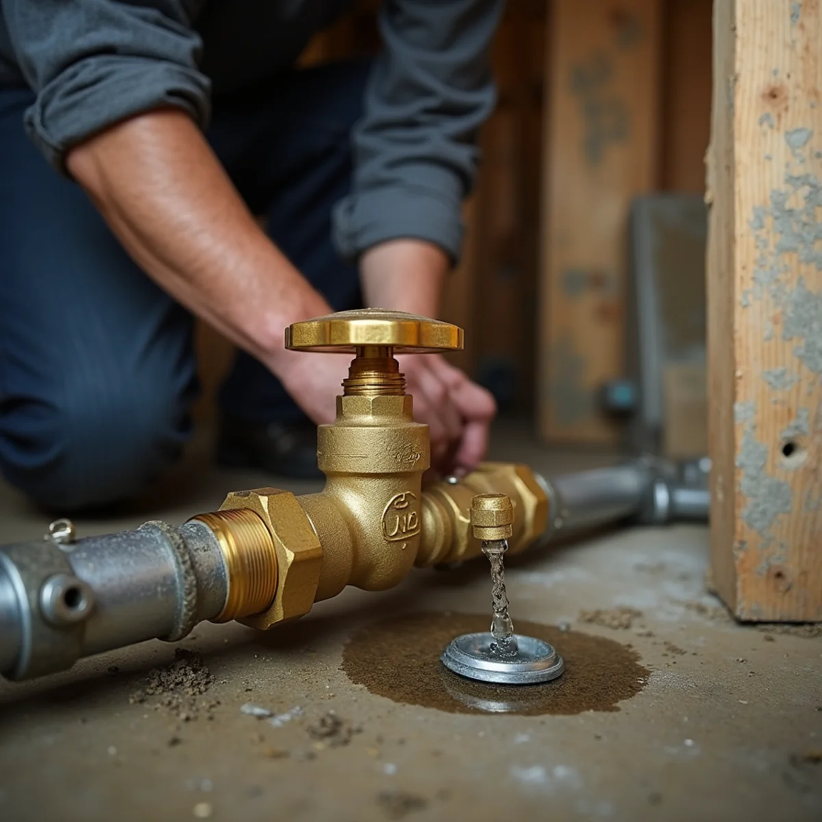 Brass pressure vacuum breaker PVB backflow preventer on residential exterior wall
