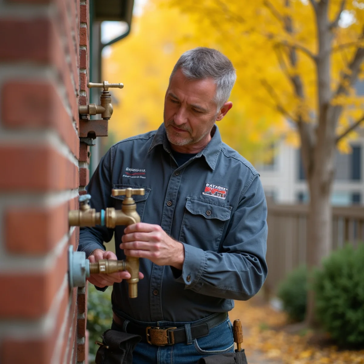 Homeowner detaching garden hose from outdoor frost proof sillcock on brick home