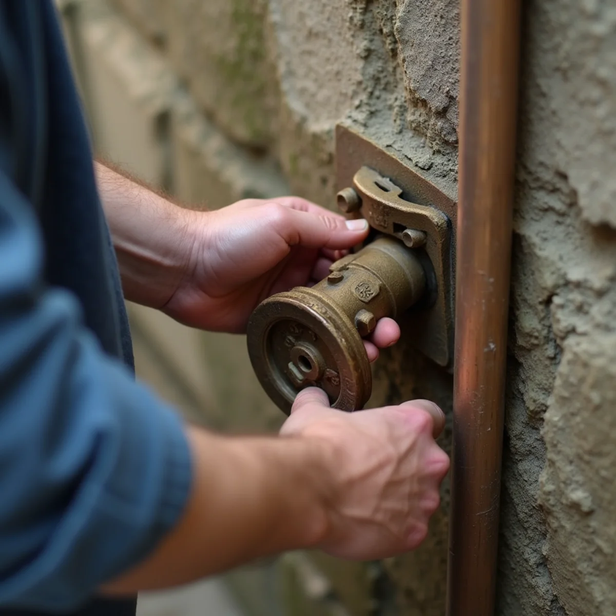 Homeowner closing basement main water shutoff gate valve in Colorado