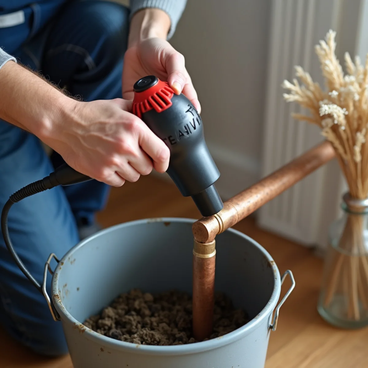 Technician safely using hair dryer to thaw frozen copper pipe section