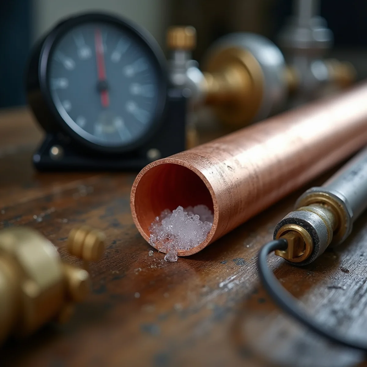 Copper pipe with ice split and plumber thawing device in Colorado home
