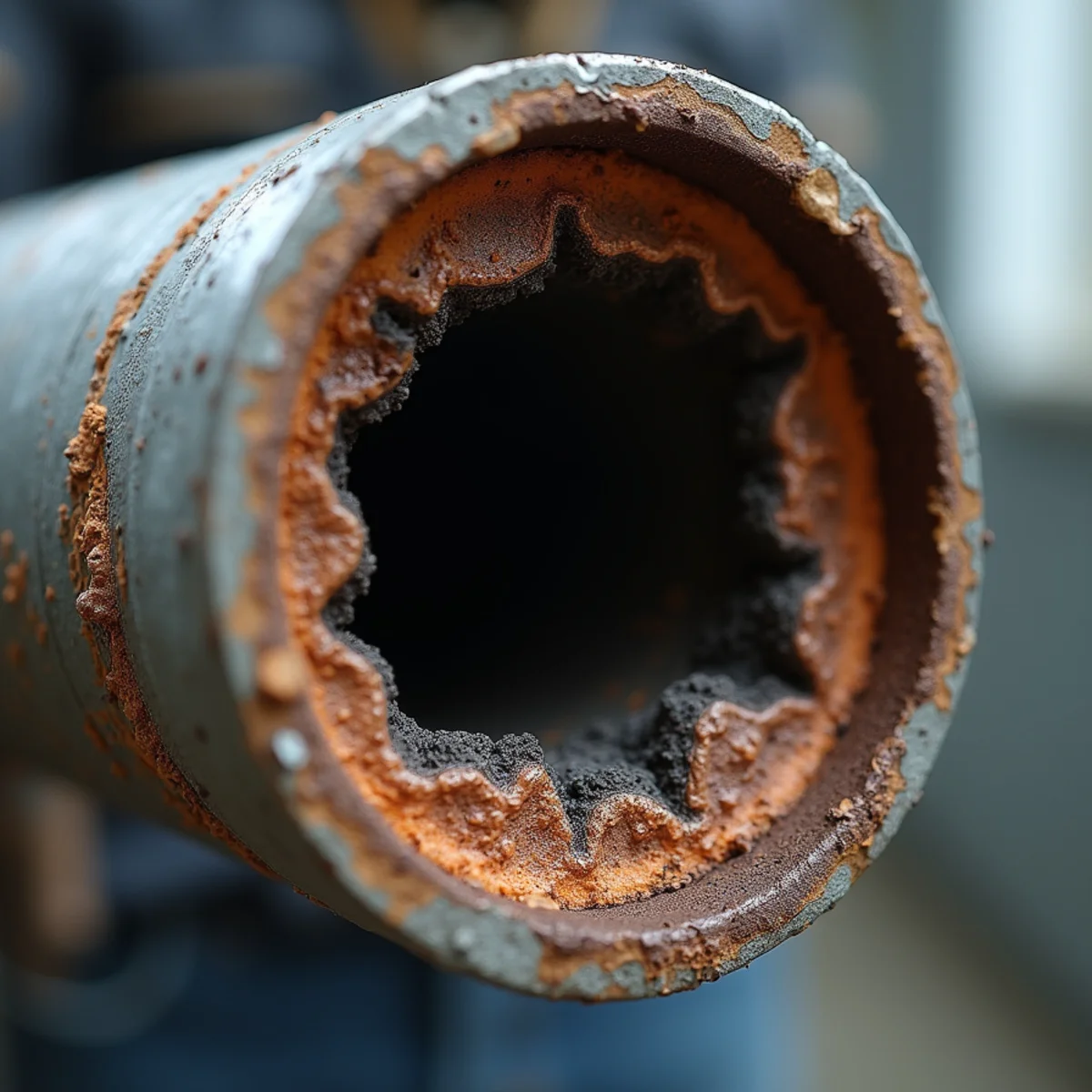 Corroded galvanized steel water pipe cut open showing heavy internal rust scale