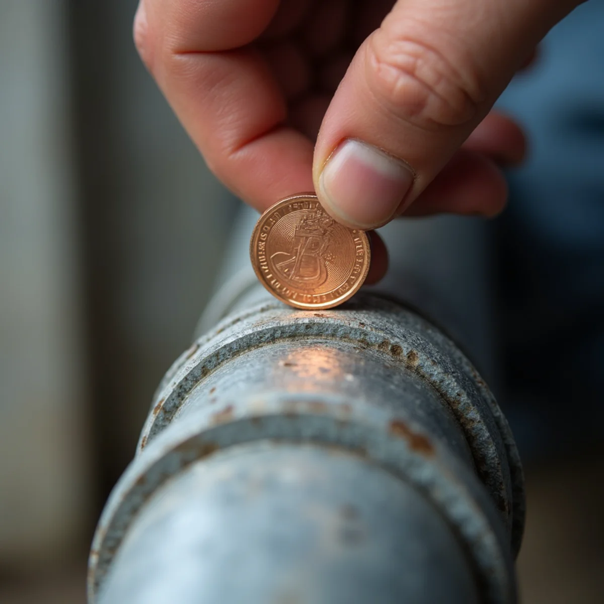 Technician performing coin scratch test on incoming water service line showing shiny metal