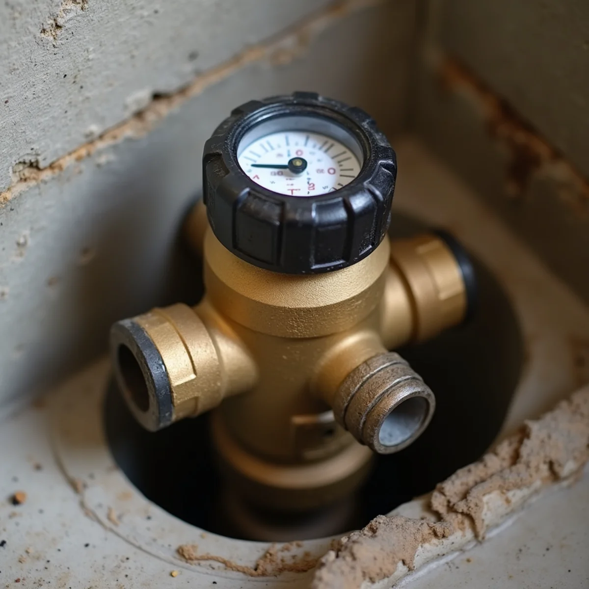 Basement foundation wall showing brass water meter and main shutoff ball valve