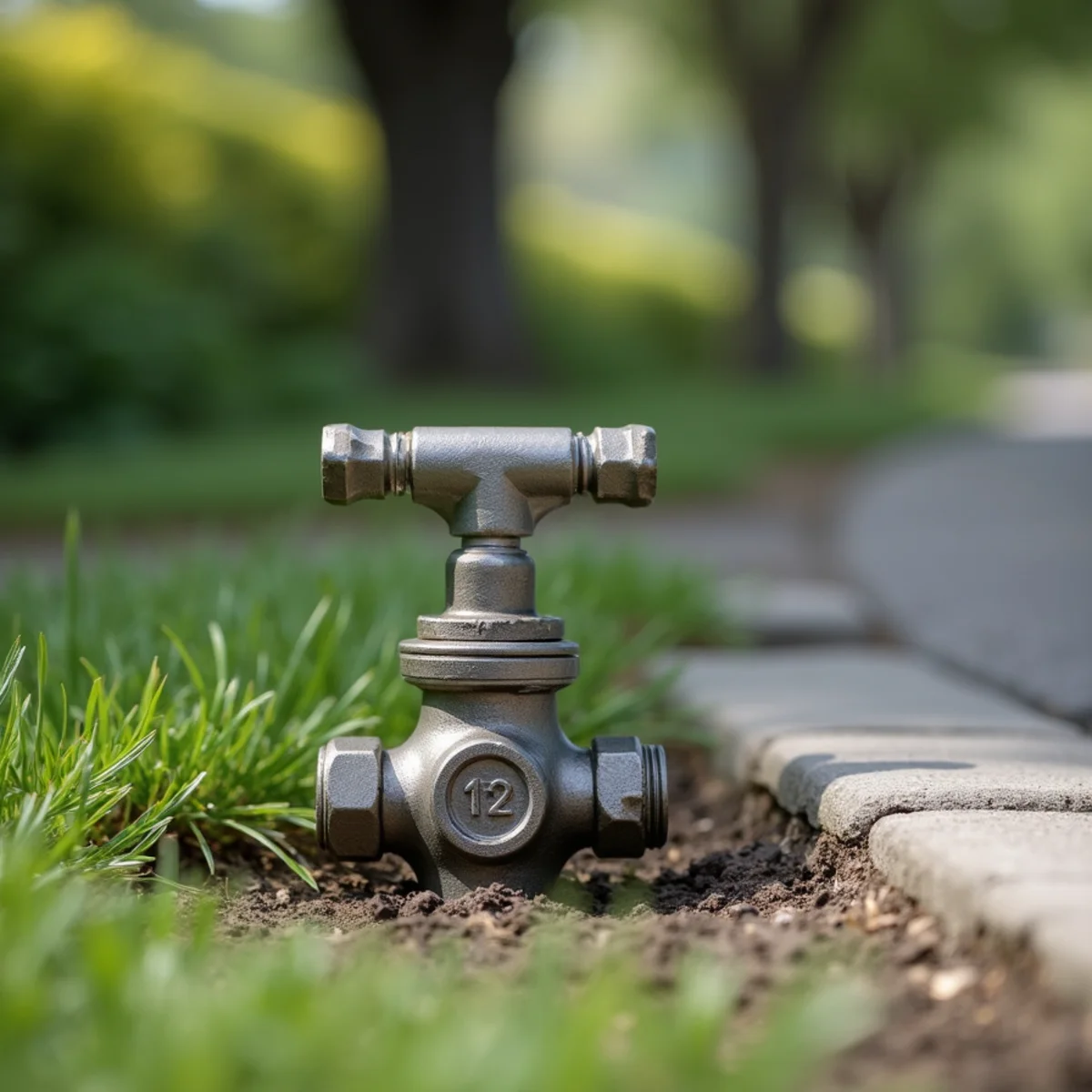 Plumber using long steel curb stop key inside sidewalk water meter pit