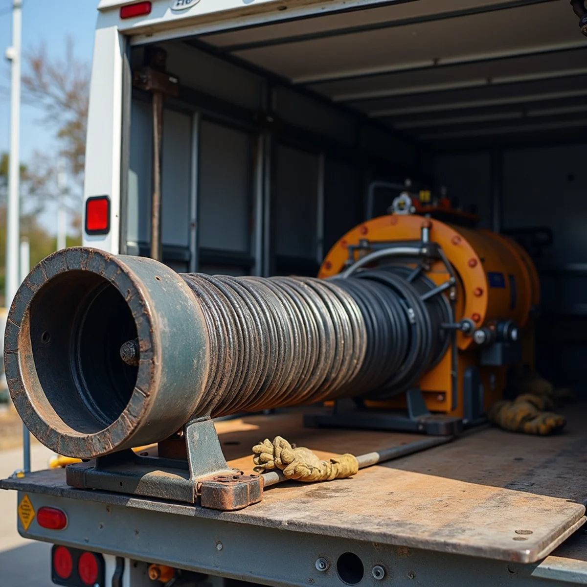 Commercial rooter snake machine and cleanout drain auger on work truck
