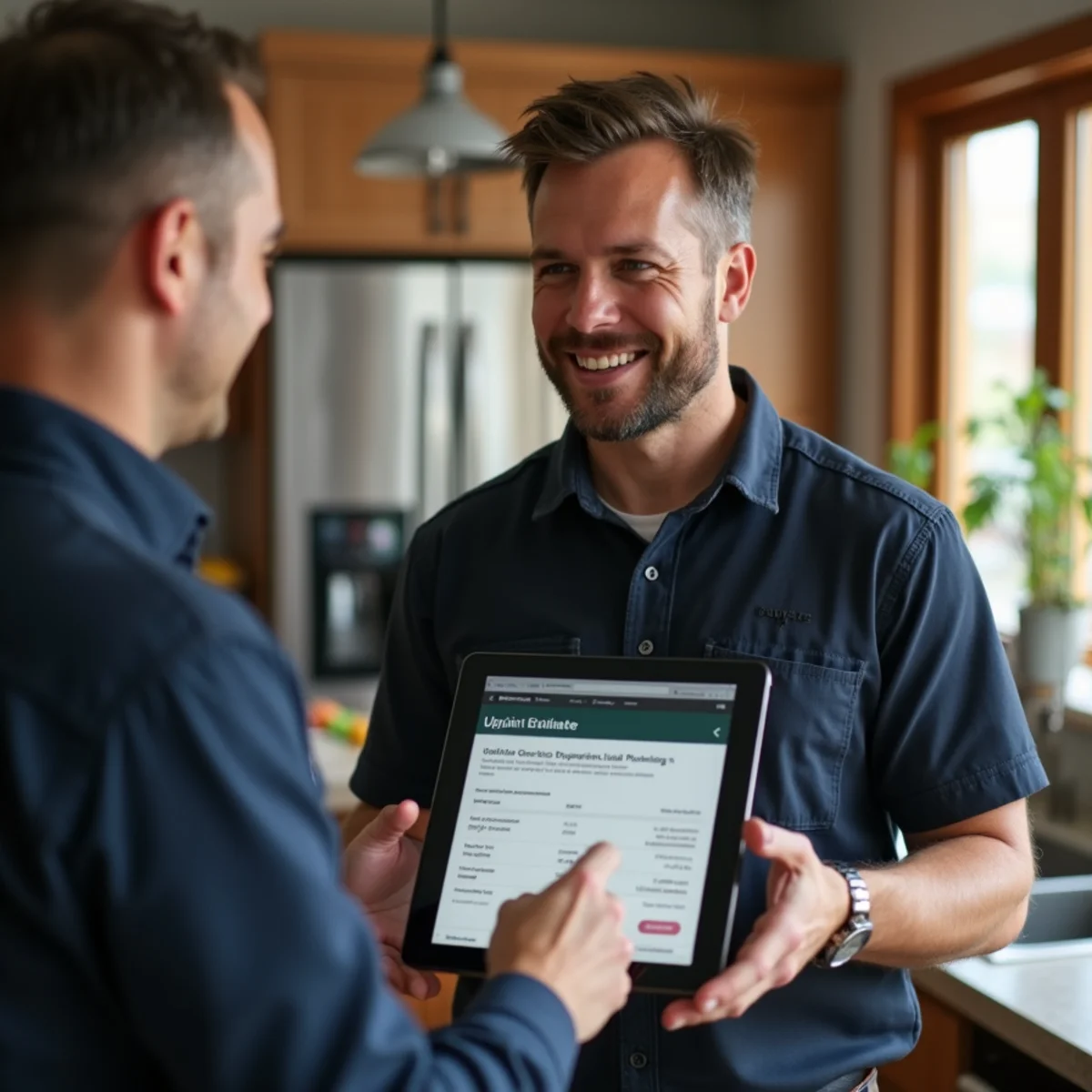 Plumber providing upfront itemized digital estimate on tablet to homeowner in Englewood CO