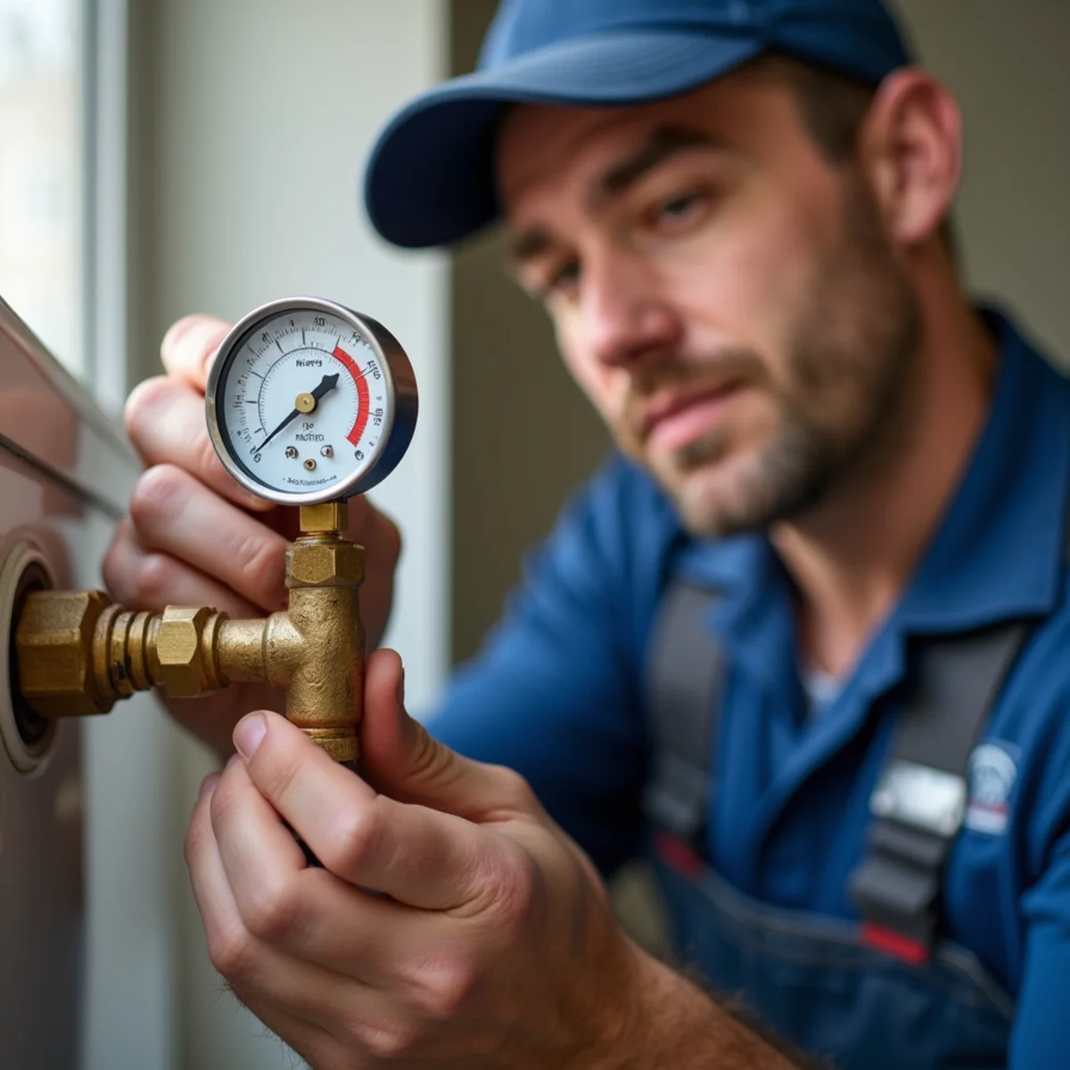 Plumber testing water pressure with brass gauge on residential pressure reducing valve