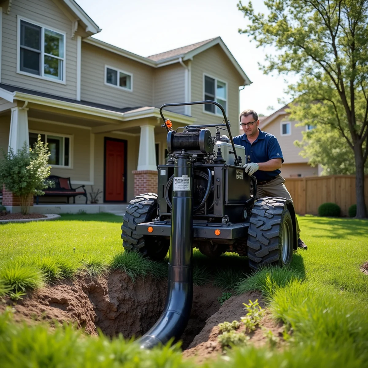 Trenchless pipe bursting equipment pulling new HDPE sewer pipe
