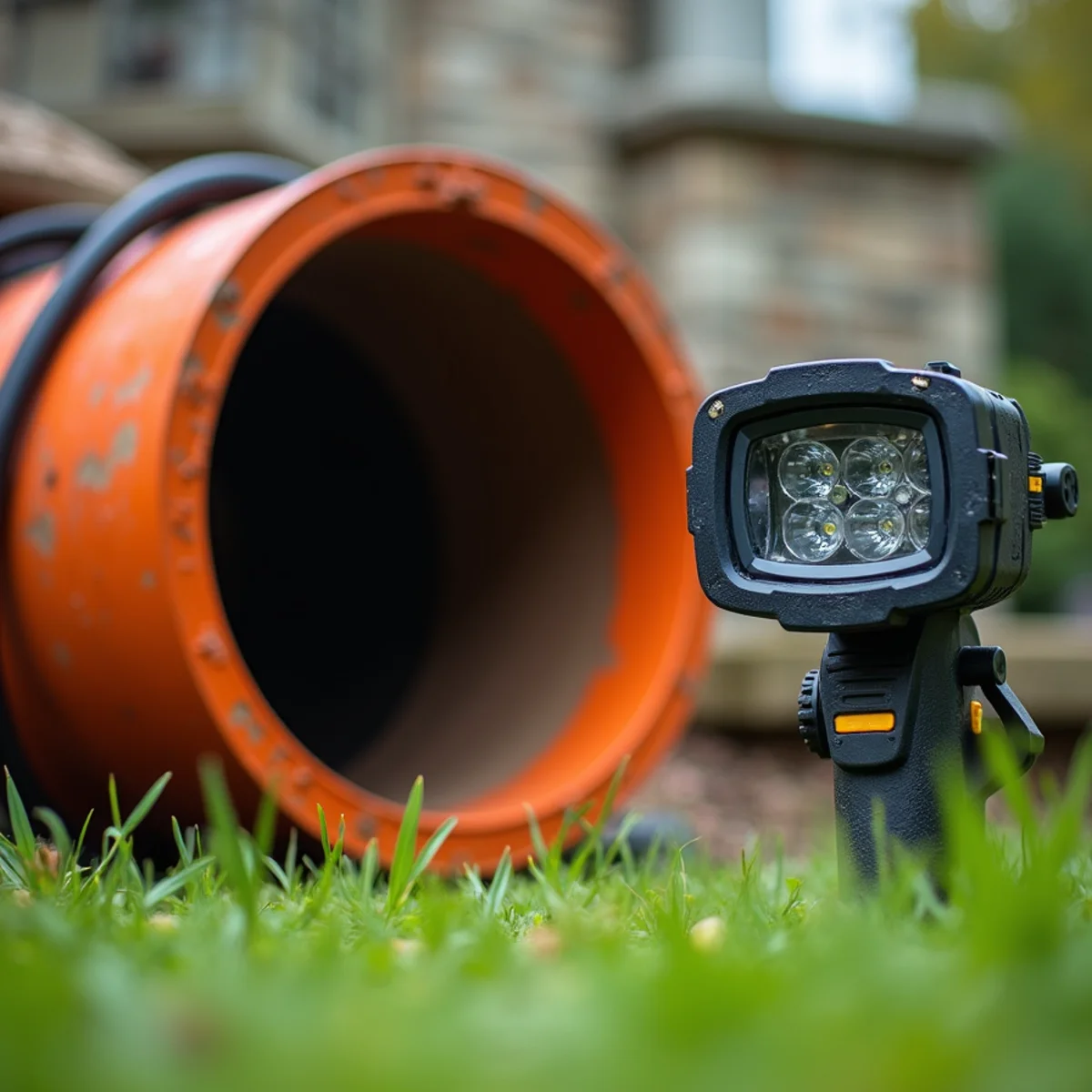 Sewer inspection camera head entering clay tile sewer pipe in Colorado residence