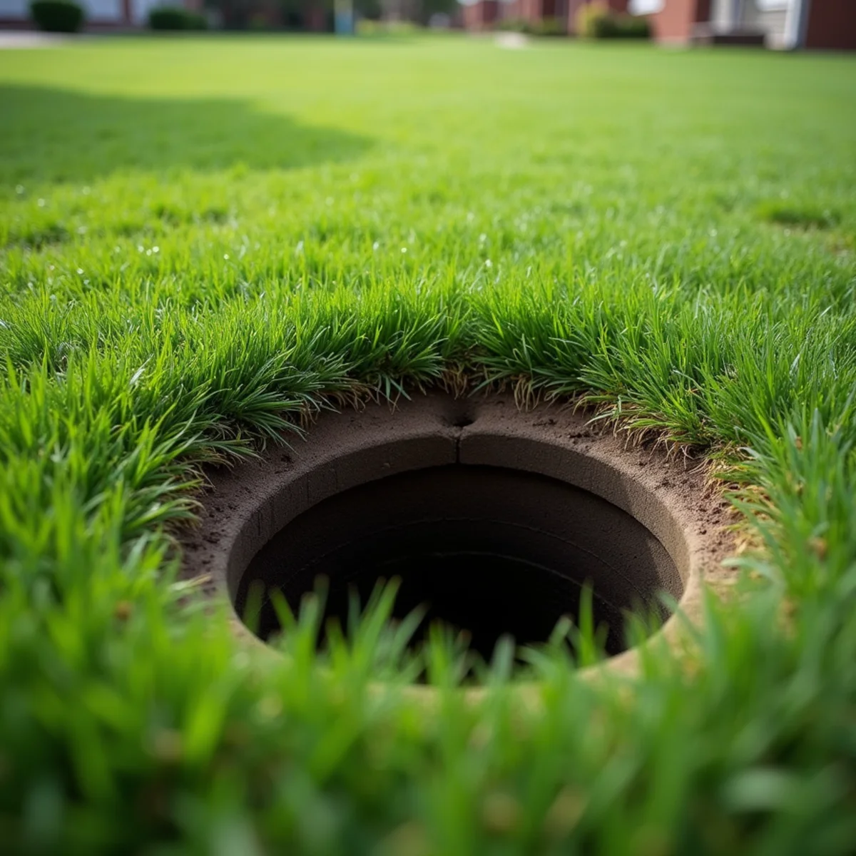 Front yard lawn showing trench sinkhole depression over collapsed sewer line