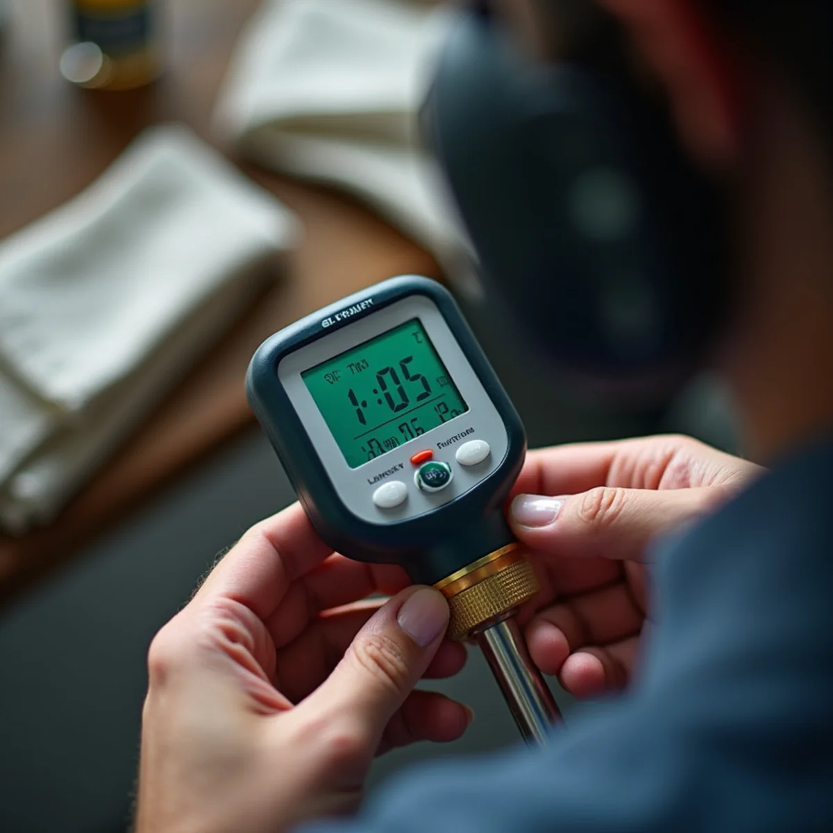 Technician using digital manometer to calibrate gas manifold pressure on tankless unit