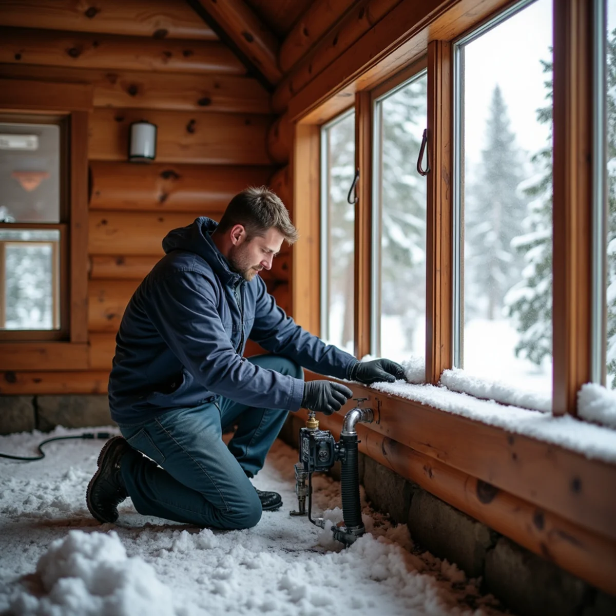 Plumber winterizing mountain cabin plumbing lines with air compressor in Evergreen CO