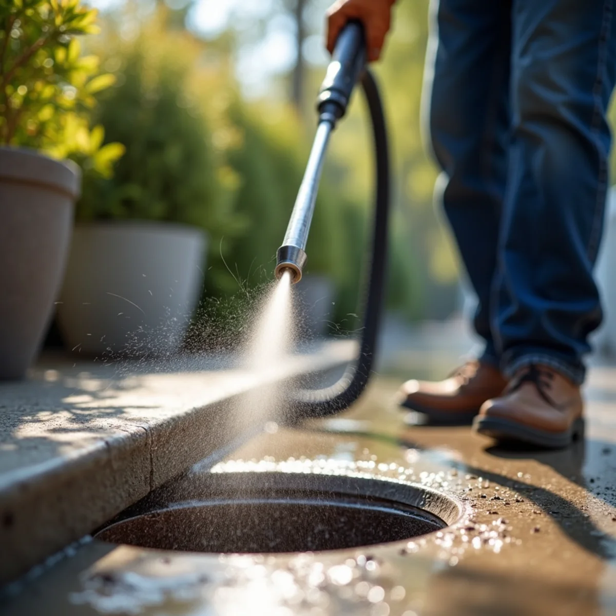 Hydro jetting hose entering residential sewer cleanout pipe