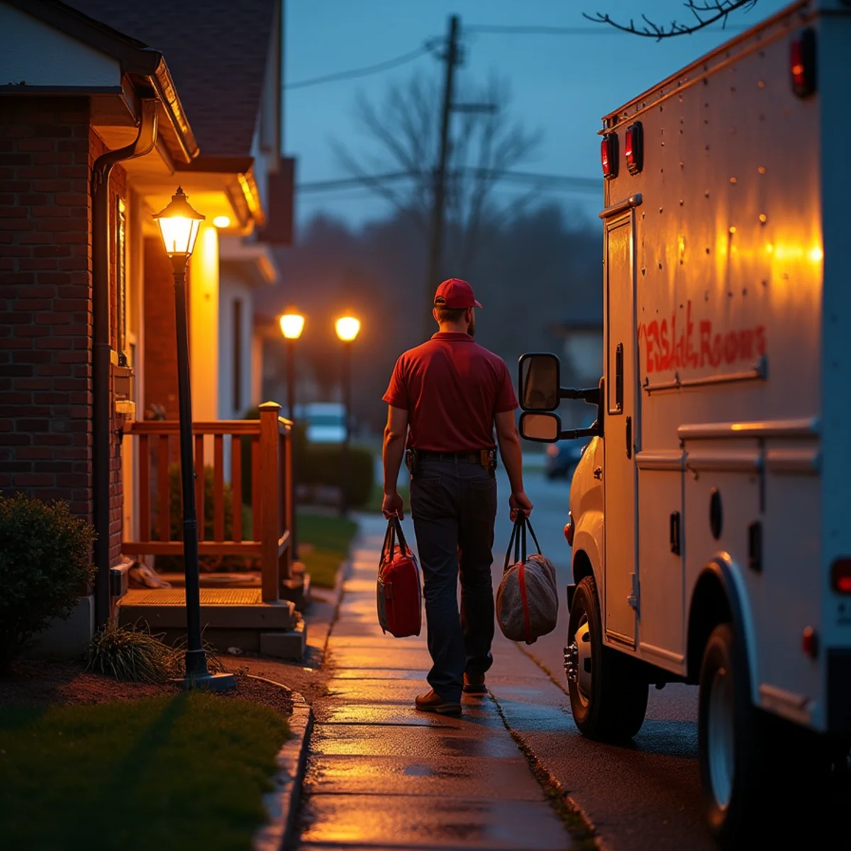 24/7 emergency plumbing service van arriving at night in Englewood CO