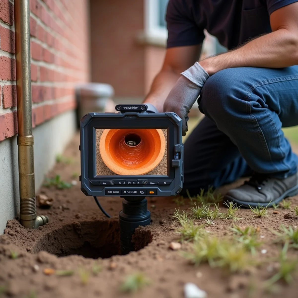 Plumber performing camera scope inspection on older Englewood sewer cleanout