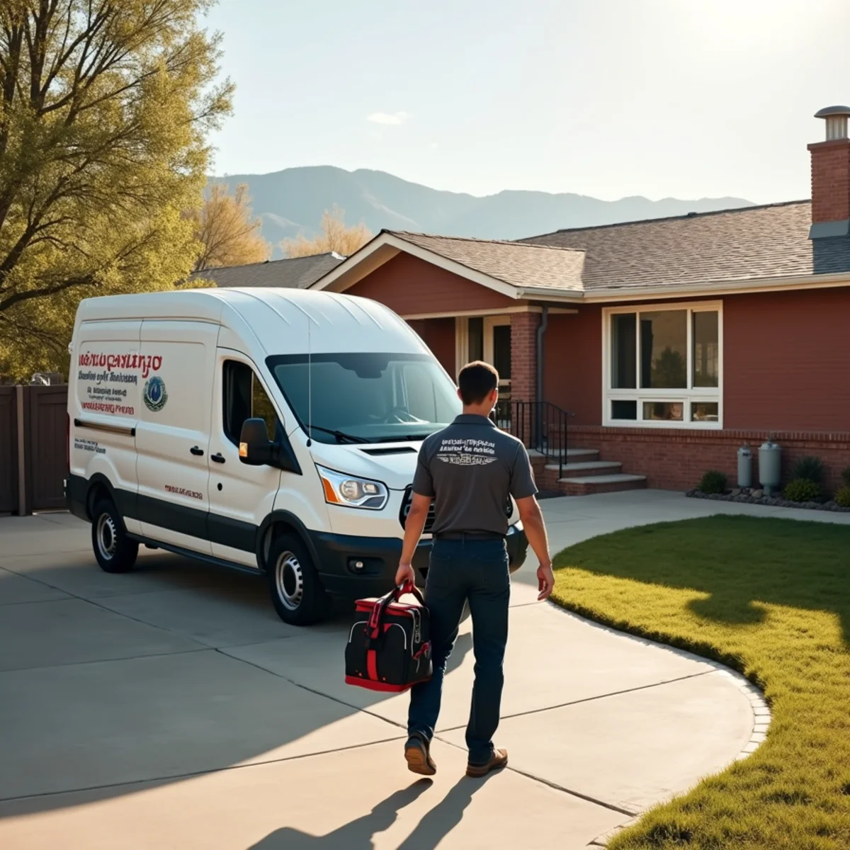 Licensed plumber arriving at brick Englewood Colorado residential home with service van