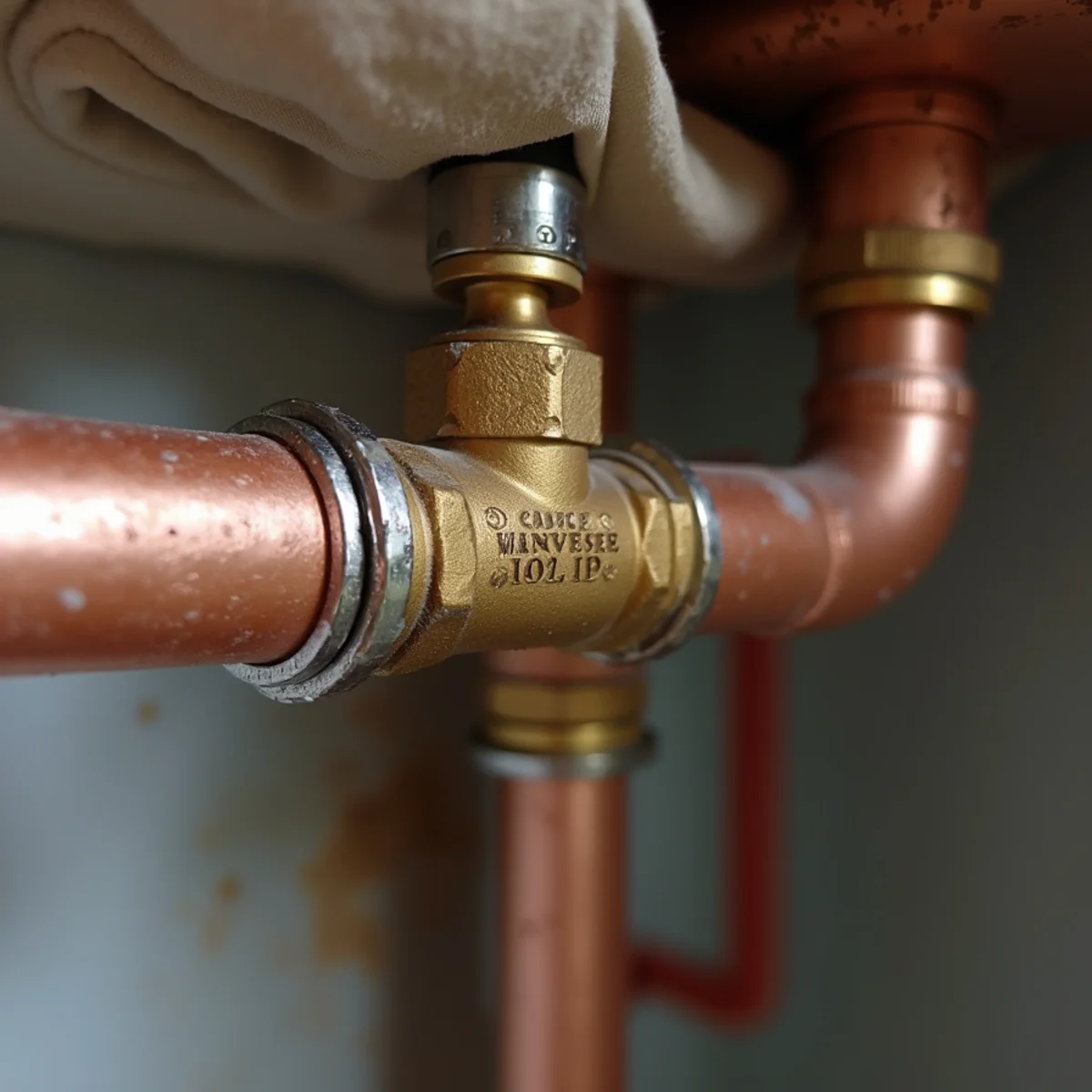 Freshly soldered copper pipe repair in residential Englewood basement