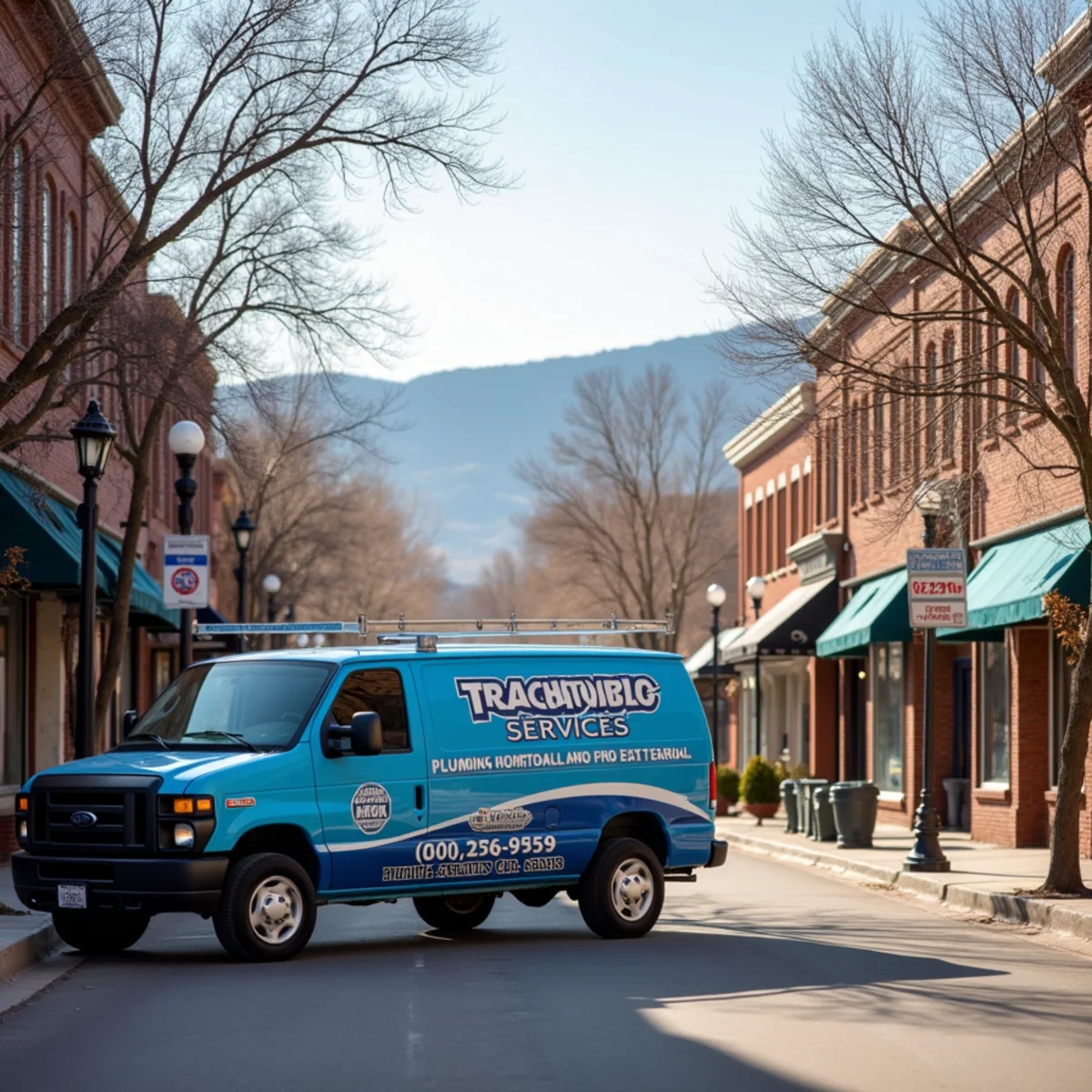 Plumbing service vehicle parked near historic Downtown Littleton Main Street in Colorado