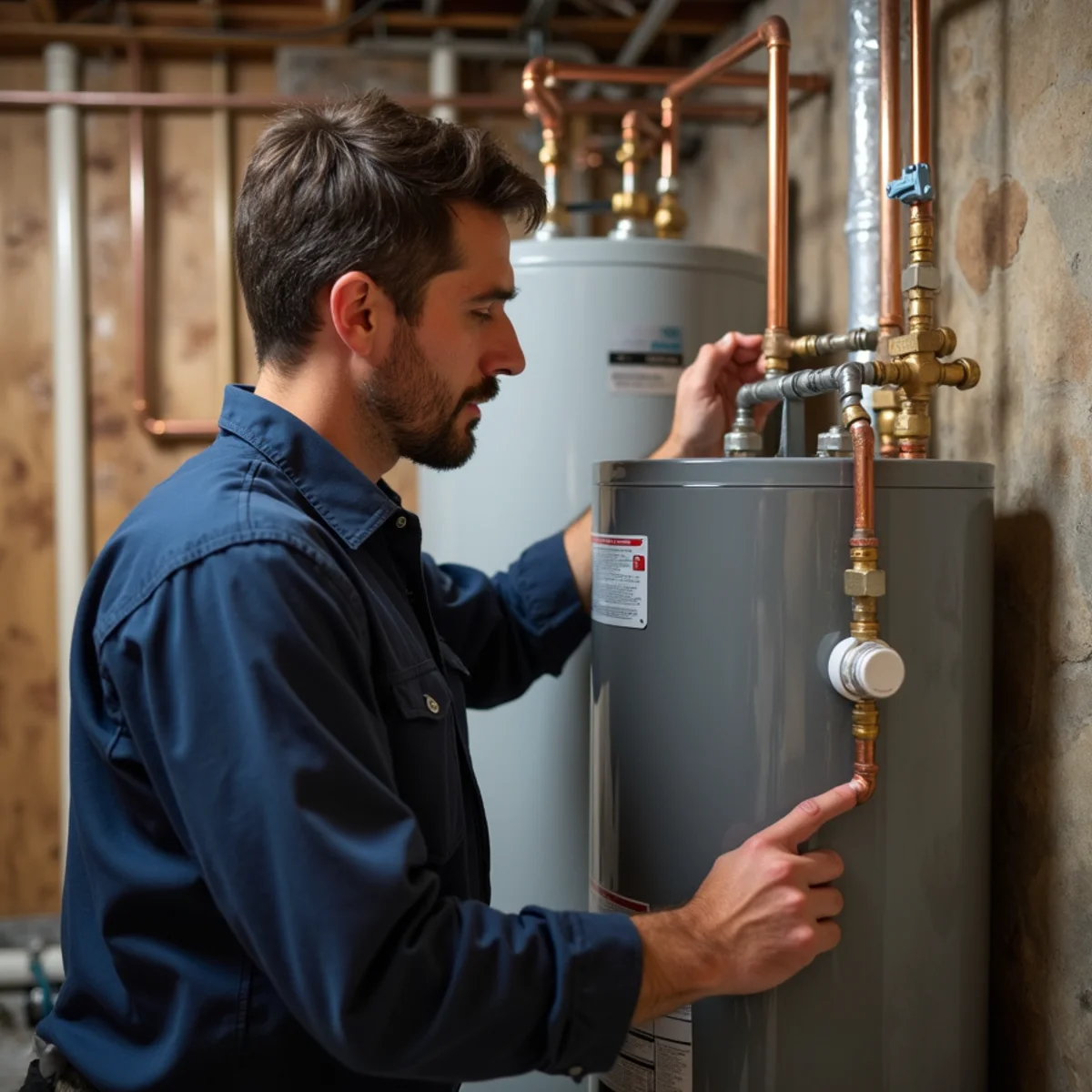 Plumber installing modern gas water heater in Englewood CO basement