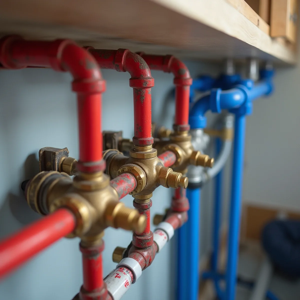 Modern residential PEX water supply manifold with color-coded lines