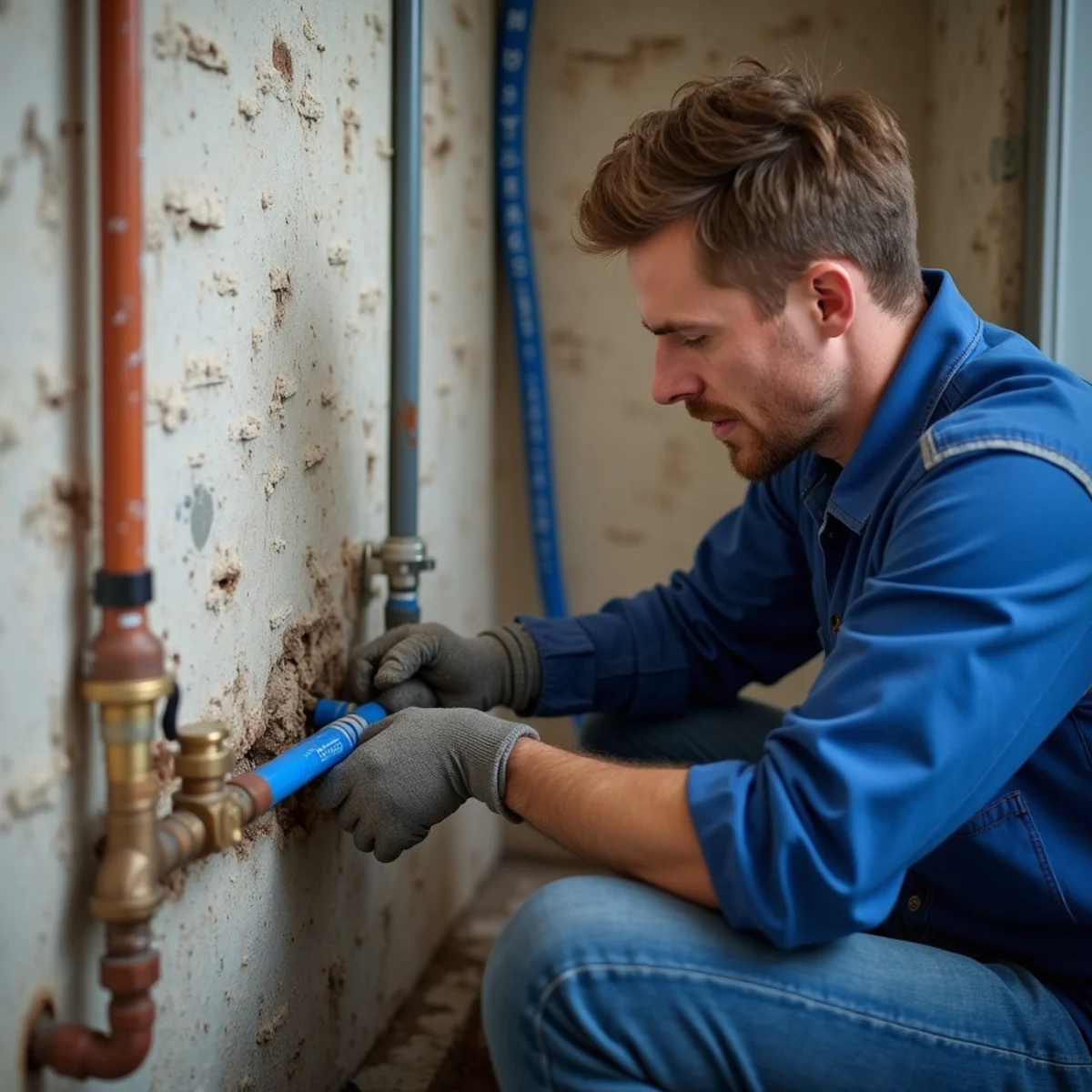 Plumber replacing old galvanized water service line with blue PEX-a in Englewood CO